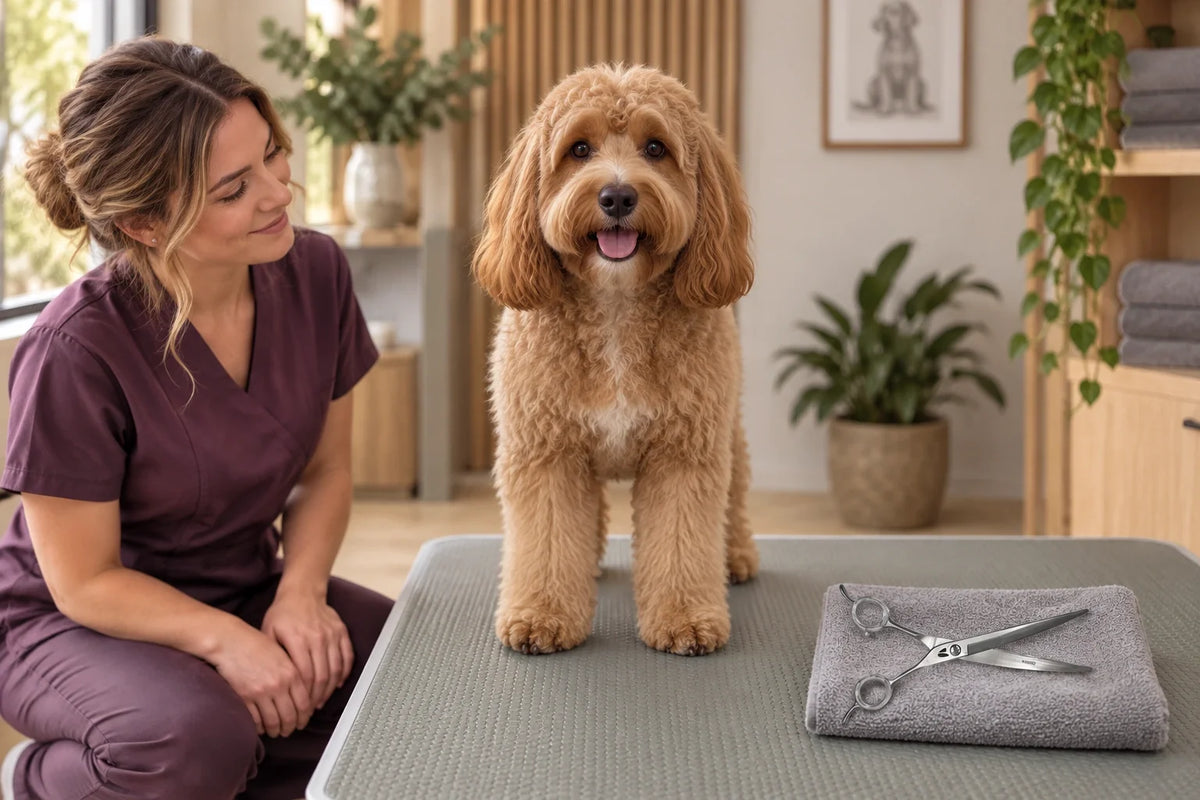 Groomer observing a comfortably standing apricot Cockapoo at eye level, with VUNRO curved scissors resting on a folded towel