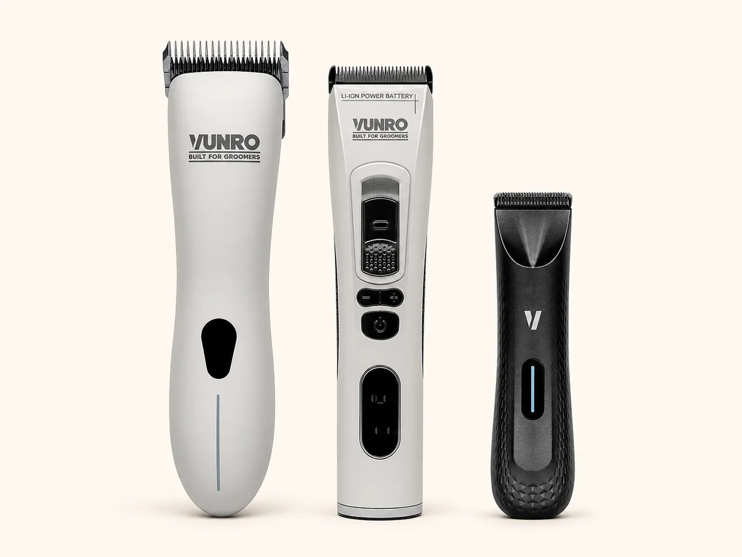 VUNRO D-Series Clipper, VUNRO PRO Pet Hair Trimmer and a correctly scaled compact PawTrim PRO LED Trimmer