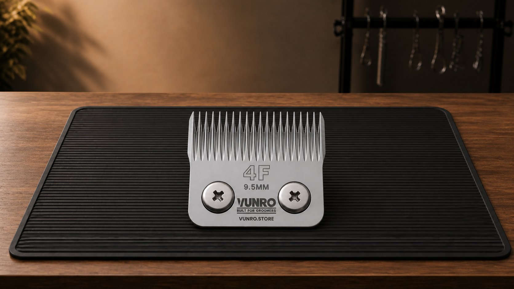 #4F Ceramic D-Series Dog Clipper Blade (9.5 mm) resting naturally on the VUNRO grooming workbench