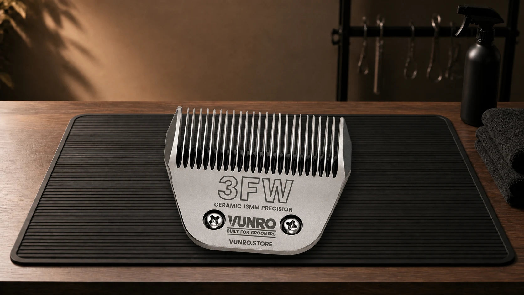 #3FW Ceramic Dog Clipper Blade (13 mm) resting naturally on the VUNRO grooming workbench